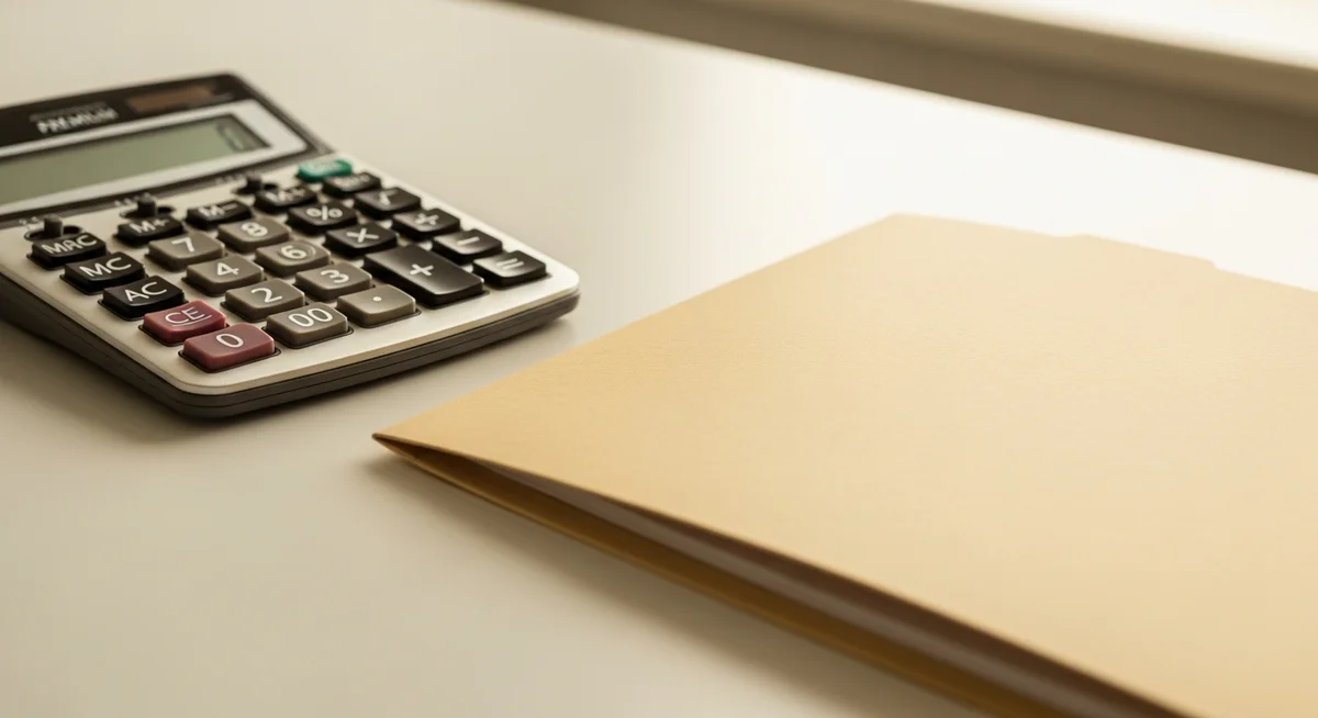A calculator and a tan file folder sitting on a white surface