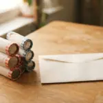 Stacked coin rolls and a blank white envelope rest on a wooden table