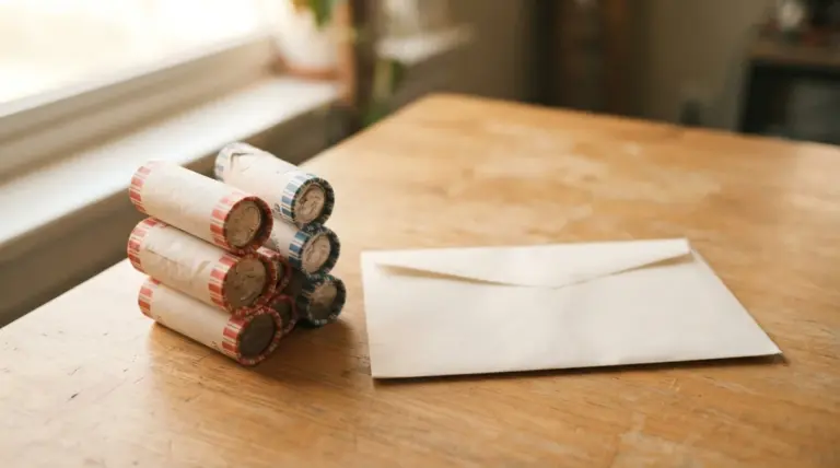 Stacked coin rolls and a blank white envelope rest on a wooden table