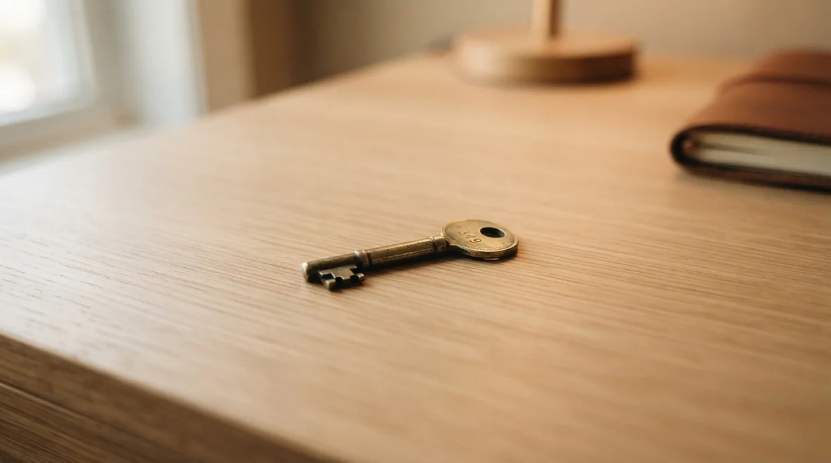 A metal key with the number 349 inscribed on its head lies on a light-colored wooden table