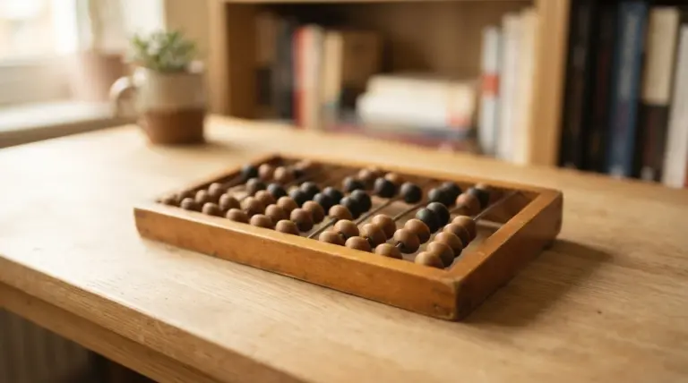 An abacus with wooden and dark beads resting on a desk in front of a bookshelf