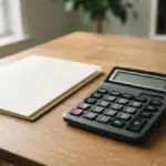 A calculator, blank paper, and a pen sitting on a wooden desk near a window