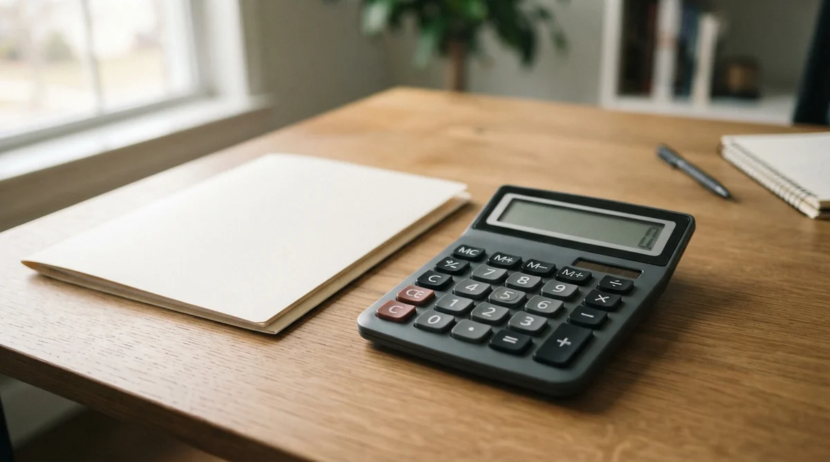 A calculator, blank paper, and a pen sitting on a wooden desk near a window