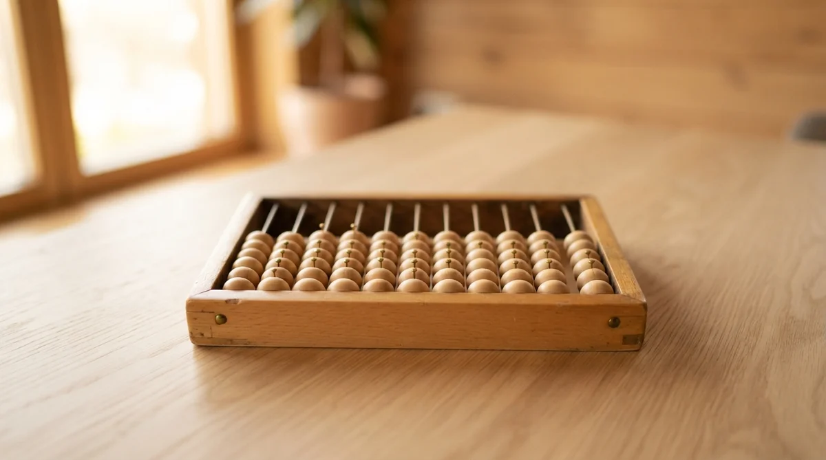 A wooden abacus with rows of spherical beads rests on a light wood grain surface