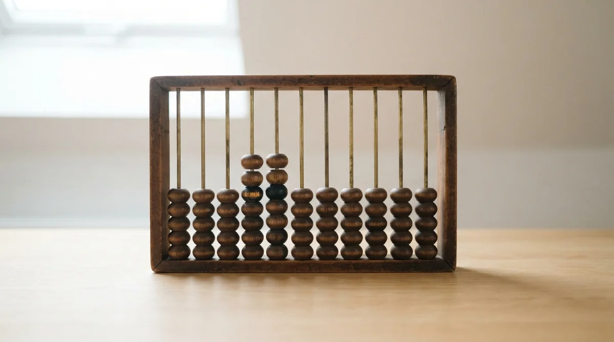 Abacus with ten vertical rods resting on a wooden surface in front of a window
