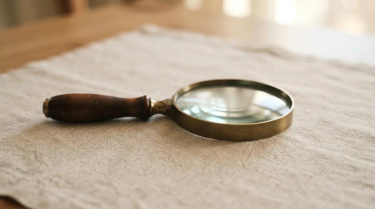 Antique magnifying glass with a wooden handle resting on a textured linen cloth
