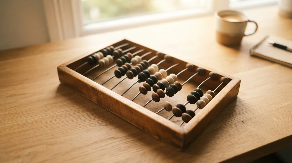 An abacus with wooden beads rests on a light-colored wooden desk beside a coffee mug and notebook