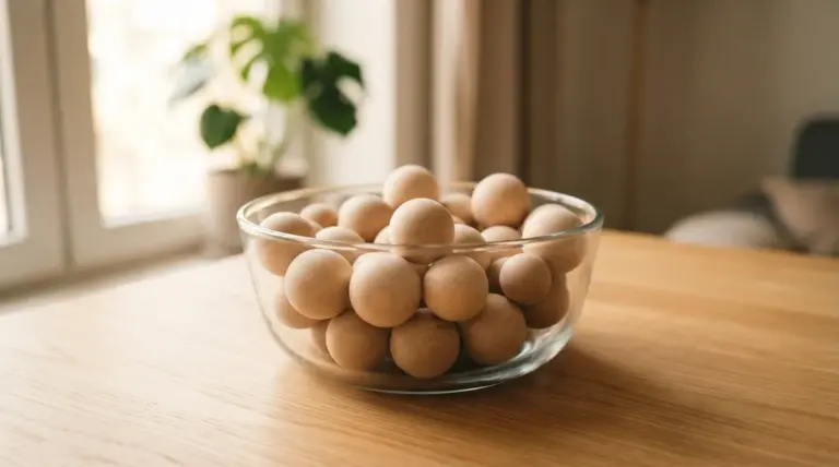 A glass bowl filled with wooden spheres sits on a wooden table near a plant by a window