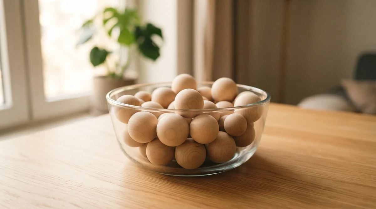 A glass bowl filled with wooden spheres sits on a wooden table near a plant by a window