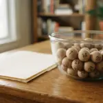 A glass bowl filled with numbered wooden spheres sits on a wooden table beside a stack of papers