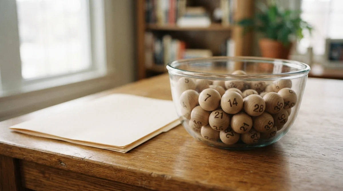 A glass bowl filled with numbered wooden spheres sits on a wooden table beside a stack of papers
