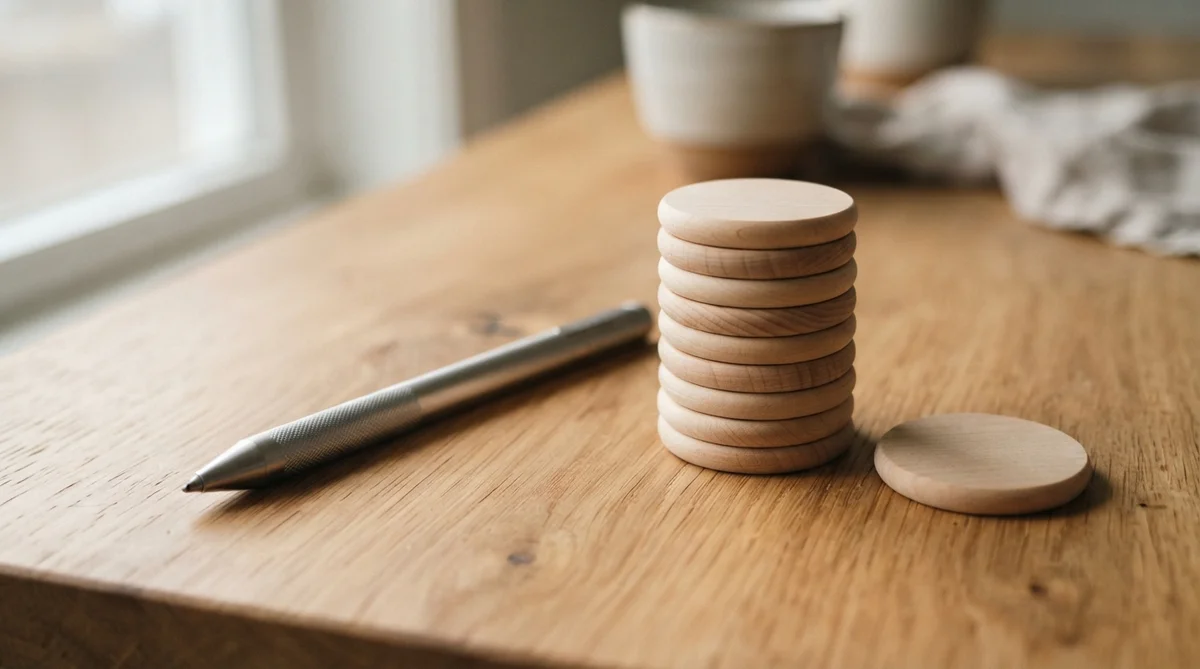 A stack of wooden discs, a single loose disc, and a silver metal pen on a wooden table