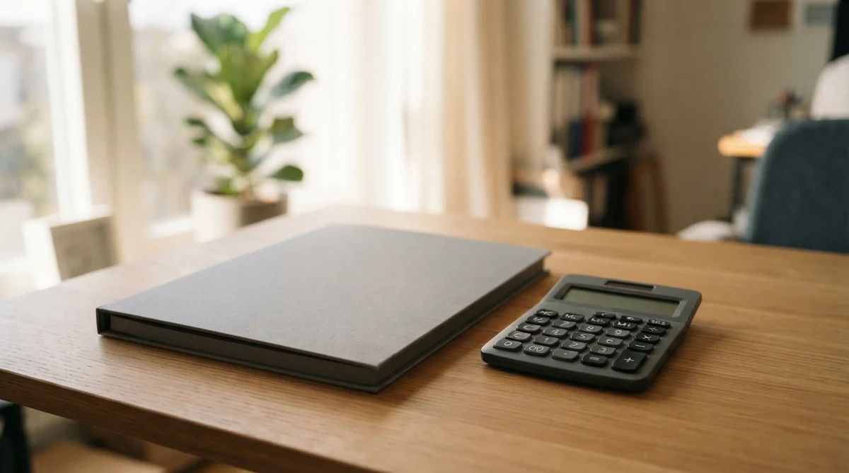 A grey notebook and a black calculator sit on a wooden desk in a brightly lit room