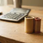 A premium quality, natural full-colour editorial photograph of two distinct, neat stacks of rolled coins on a clean