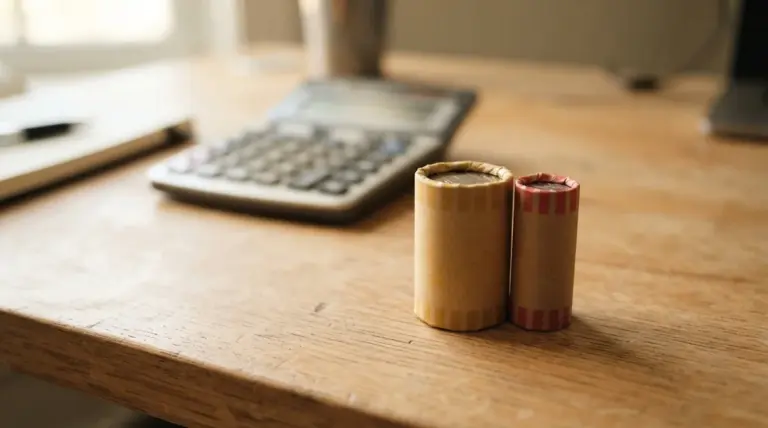 A premium quality, natural full-colour editorial photograph of two distinct, neat stacks of rolled coins on a clean