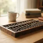 An abacus rests on a wooden desk next to a mug, a stack of books, and a journal