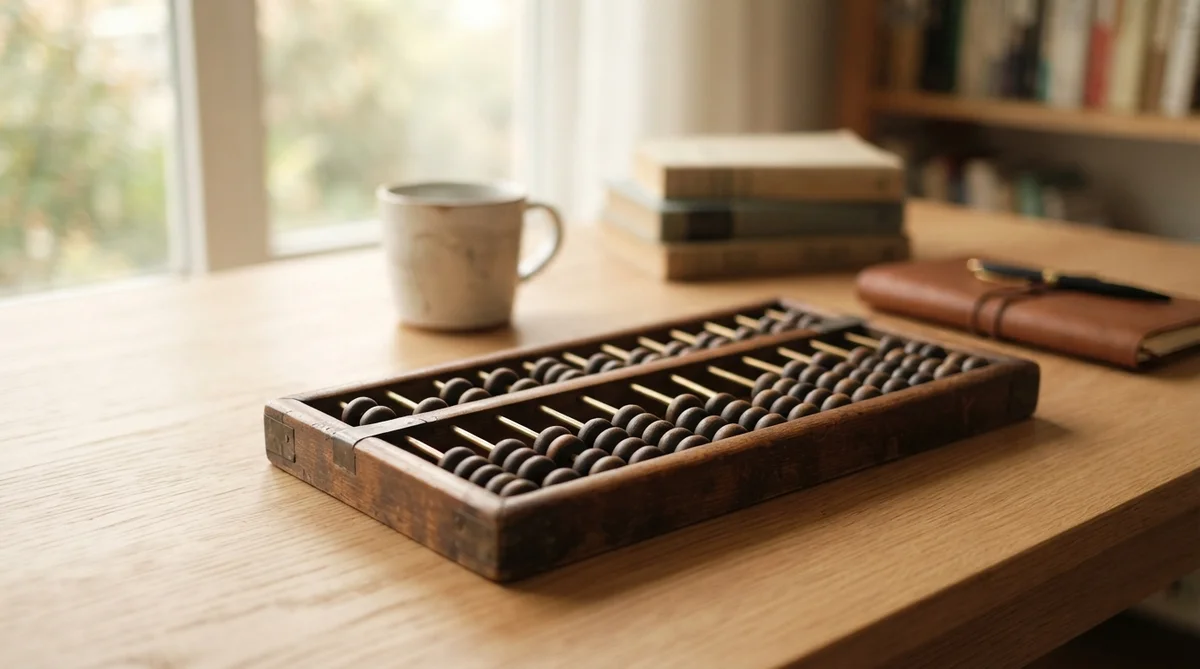 An abacus rests on a wooden desk next to a mug, a stack of books, and a journal
