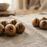 Wooden numbered balls clustered on a textured cloth surface with a bowl in the background