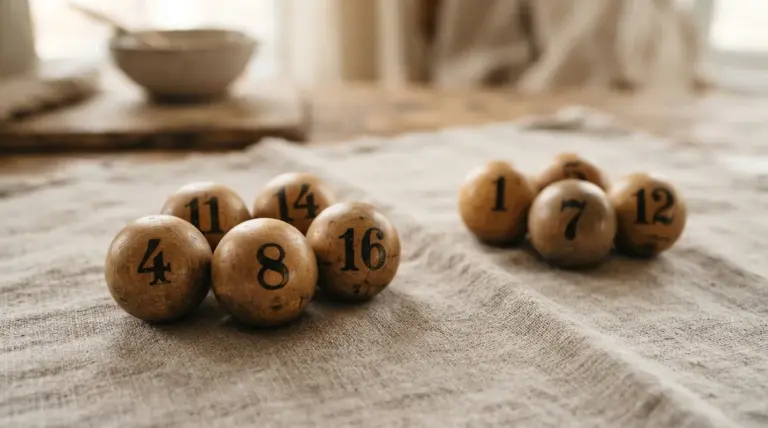 Wooden numbered balls clustered on a textured cloth surface with a bowl in the background