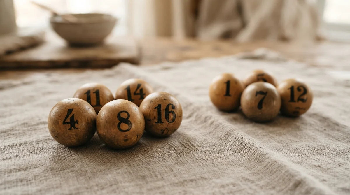 Wooden numbered balls clustered on a textured cloth surface with a bowl in the background