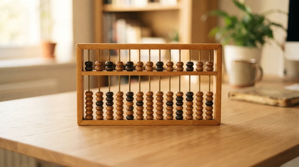 A wooden abacus rests on a light-colored wooden desk in a blurred room with a plant and books
