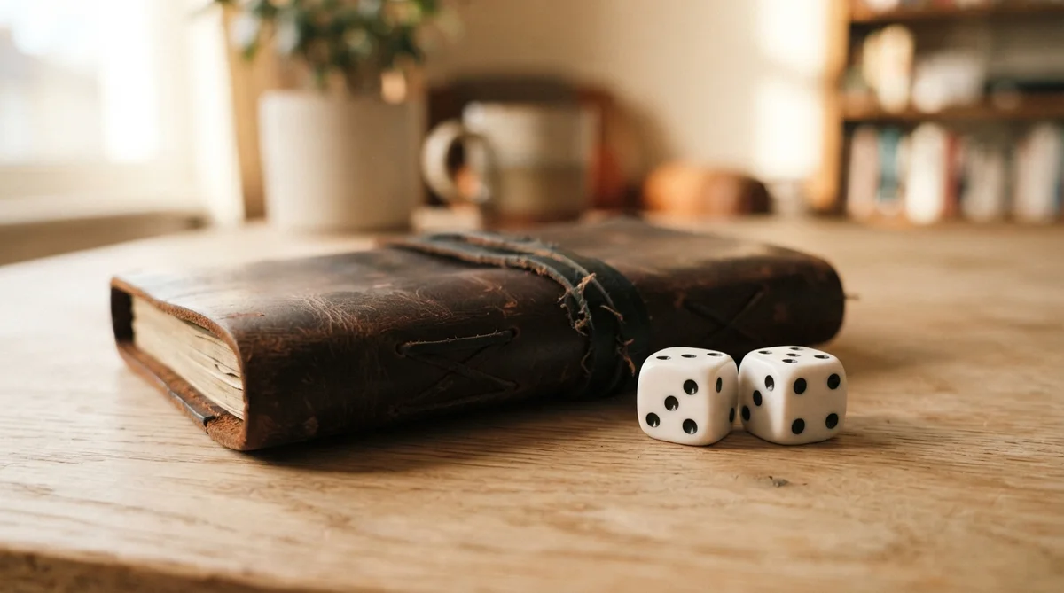 A leather-bound journal and two dice rest on a wooden table near a potted plant and mug