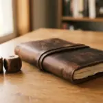 A closed, premium leather-bound journal rests neatly on a smooth, natural wooden desk