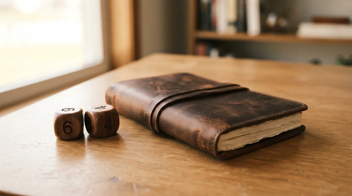 A closed, premium leather-bound journal rests neatly on a smooth, natural wooden desk