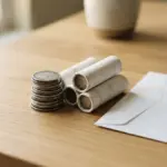 A neat stack of silver coins, some rolled in white paper, rests beside a plain, closed white paper envelope on a smooth