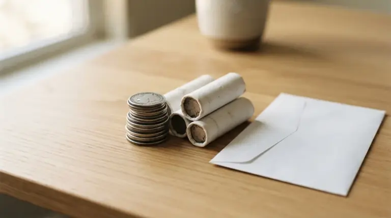 A neat stack of silver coins, some rolled in white paper, rests beside a plain, closed white paper envelope on a smooth