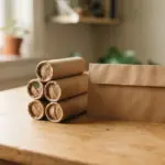 Rolled coins stacked neatly beside a plain, closed paper envelope on a clean, light wooden desk