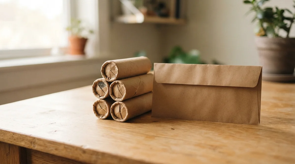 Rolled coins stacked neatly beside a plain, closed paper envelope on a clean, light wooden desk