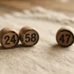 Three wooden bingo balls labeled 24, 58, and 47 resting on a textured fabric surface
