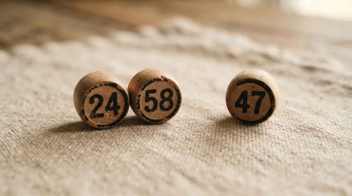 Three wooden bingo balls labeled 24, 58, and 47 resting on a textured fabric surface