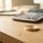 A small brass disc rests on a light-colored wooden desk near a calculator and a notebook