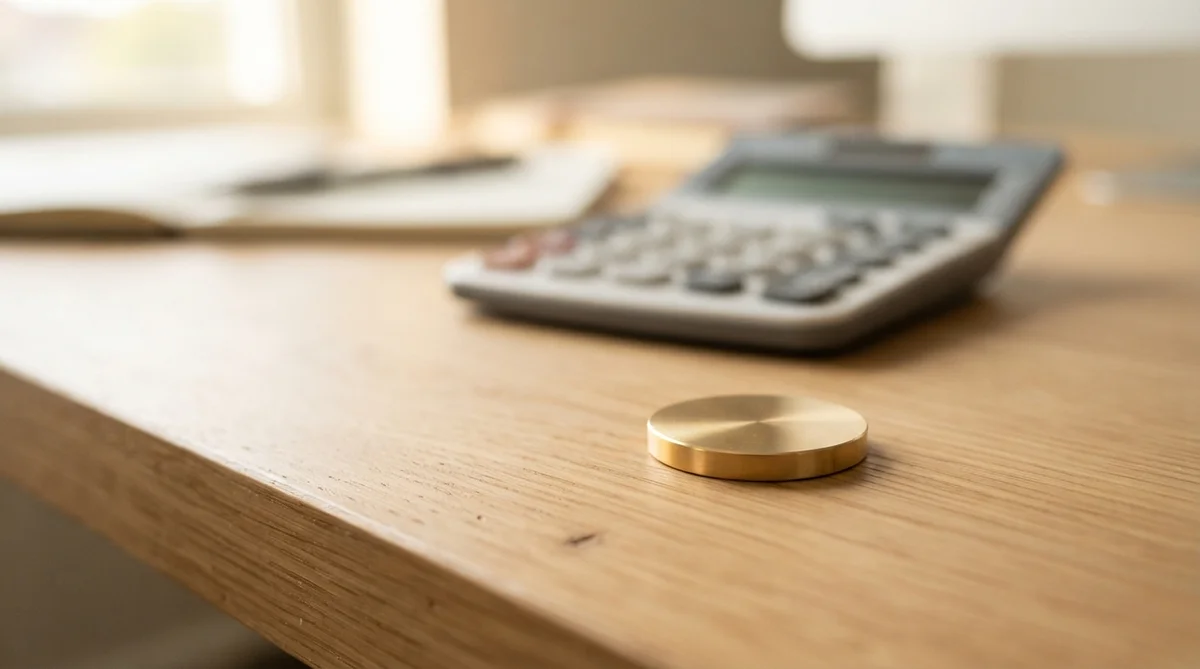 A small brass disc rests on a light-colored wooden desk near a calculator and a notebook