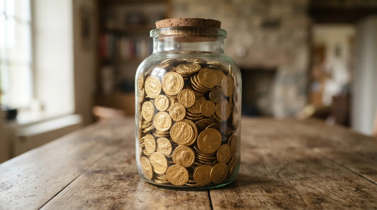 A glass jar filled with gold coins sits on a rustic wooden table in a blurred room interior