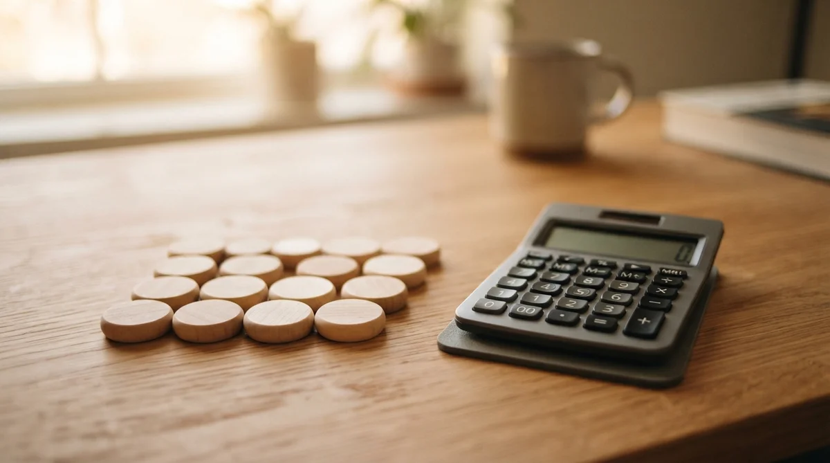 A small stack of wooden discs sits next to a calculator on a wooden desk