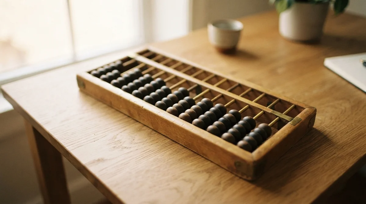 Wooden abacus resting on a wooden table with a bowl and potted plant in the background